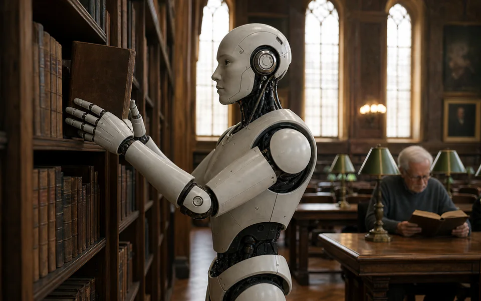 Tarihi kütüphanede insansı robot promptu için örnek görsel çıktı Tarihi kütüphanede insansı robot promptu için örnek görsel çıktı