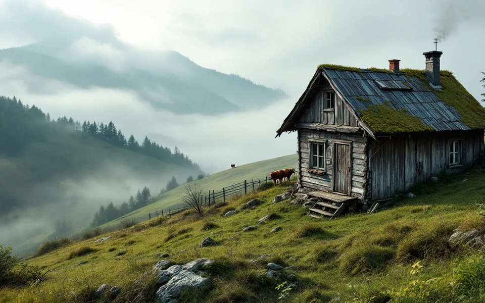 Karadeniz yaylasında sisli ahşap ev promptu için örnek görsel çıktı
